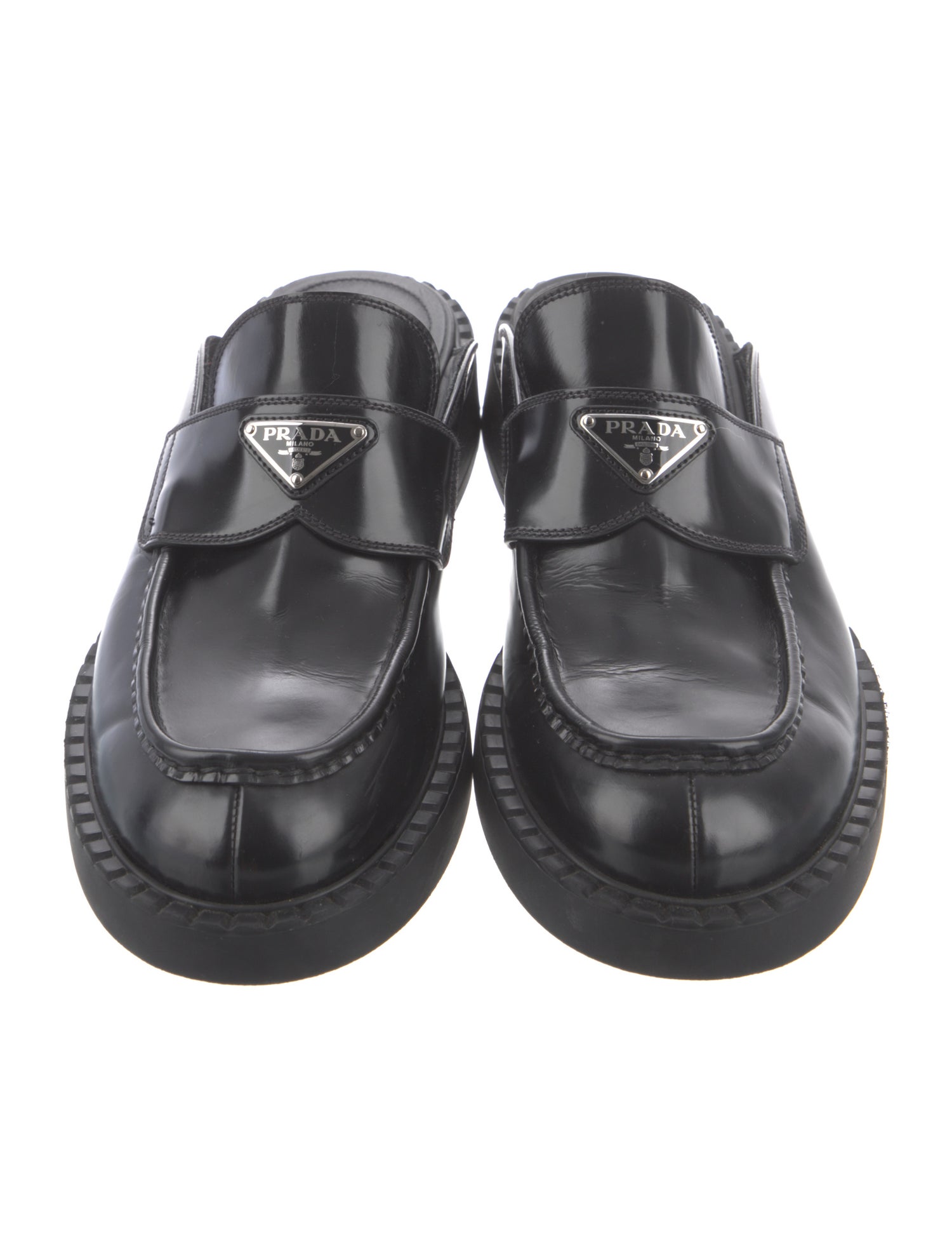 Prada Enameled Metal Triangle Leather Slippers